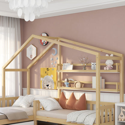 Kinderbett Hausbett mit Schubladen und Regalen, Massivholz mit Zaun und Lattenrost, L-Struktur, Natur (90x200 cm+140x70cm)