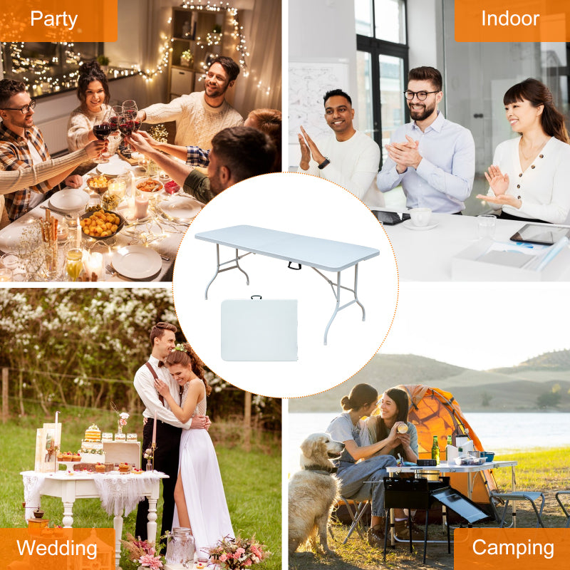 180cm Portable Heavy Duty Folding Table with Handle, Foldable Table, Multi-Functional Fold up Table for Camping Picnic Parties Indoor/Outdoor, Capacity Weight 135KG (White)