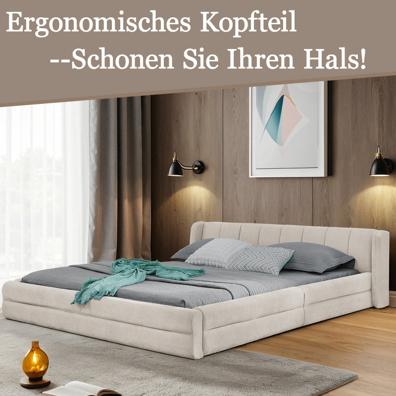 Doppelbett 140×200cm, Chenillestoff, komfortable Rückenlehne, robustes Eukalyptus- und Eisengestell, einfach zu montieren, Beige (ohne Matratze)