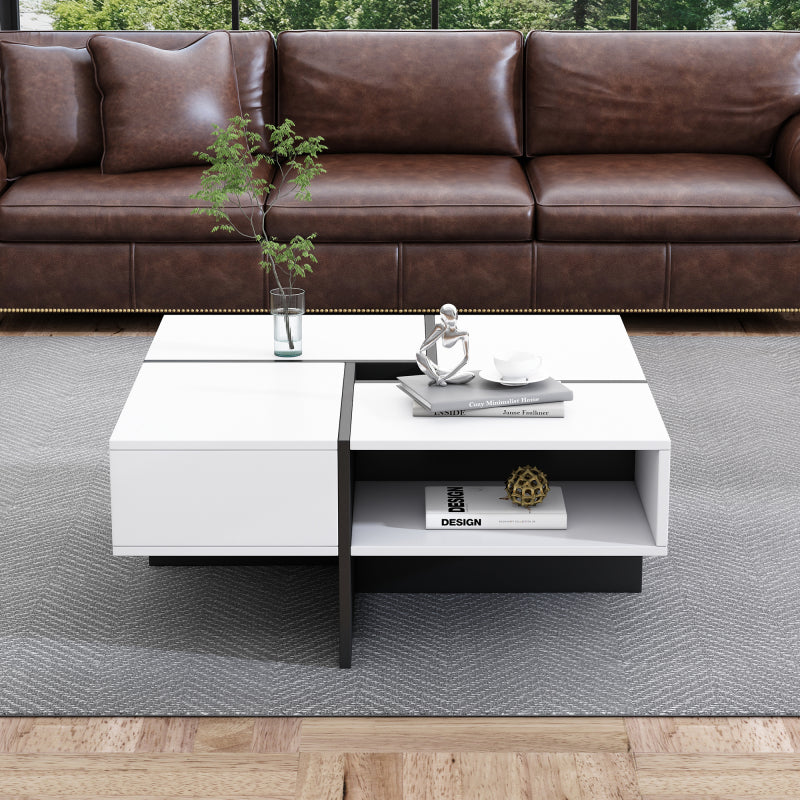 Moderner quadratischer Couchtisch 70x70x35cm – Schwarz-Weiß Design, 5 offene Fächer, mittleres Staufach 10x10cm, stabiler 30KG Tragkraft,Weißer quadratischer Couchtisch