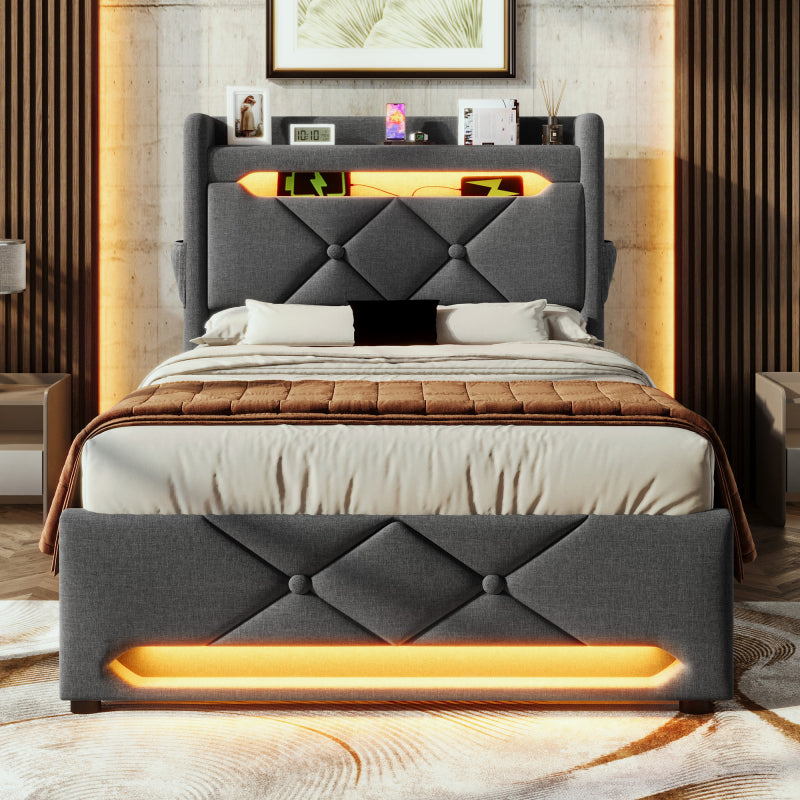 Polsterbett Einzelbett 90*200, Stauraum Kopfteil mit USB und Typ C-Port ,360-Surround-LED-Funktion rund um Kopf- und Fußende des, Betten mit Hydraulisch Stauraum, Grau , Leinen(Mit Matratze)