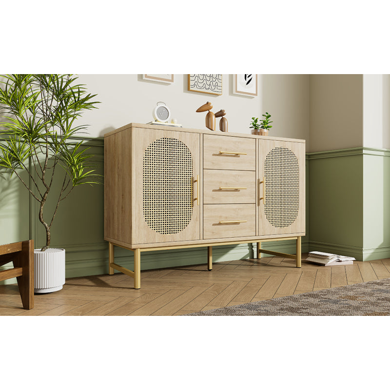 Rattan kommode mit 3-Schubladen und 2-Rattan-Türer,kommode schrank, Schminktisch, für Schlafzimmer und Wohnzimmer, Verstellbare Regale, Kippschutz, 120 x 40 x 74 cm, Sonoma Eiche