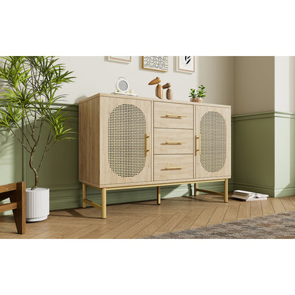 Rattan kommode mit 3-Schubladen und 2-Rattan-Türer,kommode schrank, Schminktisch, für Schlafzimmer und Wohnzimmer, Verstellbare Regale, Kippschutz, 120 x 40 x 74 cm, Sonoma Eiche