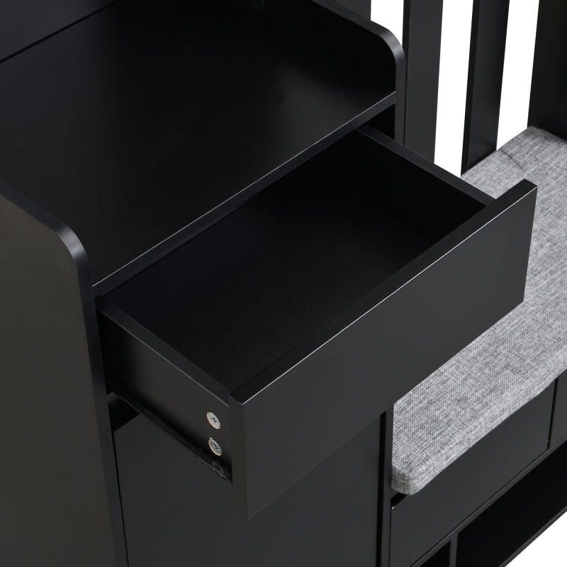 Flurgarderobe mit gepolsterter Aufbewahrungsbank, multifunktionaler Flur-Schuhschrank mit Stecktafel, moderne Garderobe mit 4 Haken für Eingangsbereich, Waschküche, Schwarz,H180/B100/T35 cm