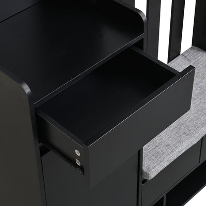 Flurgarderobe mit gepolsterter Aufbewahrungsbank, multifunktionaler Flur-Schuhschrank mit Stecktafel, moderne Garderobe mit 4 Haken für Eingangsbereich, Waschküche, Schwarz,H180/B100/T35 cm
