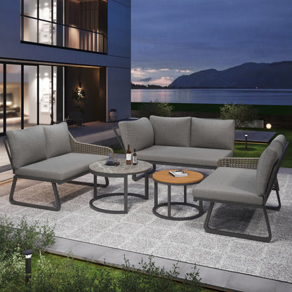 Gartenmöbel-Set für 6-7 Personen, Outdoor-Lounge-Set, Rattan-Handwerk, mit zwei Tischen, mit verzinktem Eisengestell, verstellbare Beine, inklusive aller Sitz- und Rückenkissen, grau