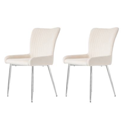 Samt-Esszimmerstuhl, 2er-Set, Lounge-Stuhl mit vier Silberne Metallstützbeinen, Lendenwirbelstütze, Beige