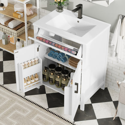 Bodenstehender Badezimmerschrank mit Waschbecken,Waschtisch,Volllackierung, integriertes Keramik Waschbecken, weiß