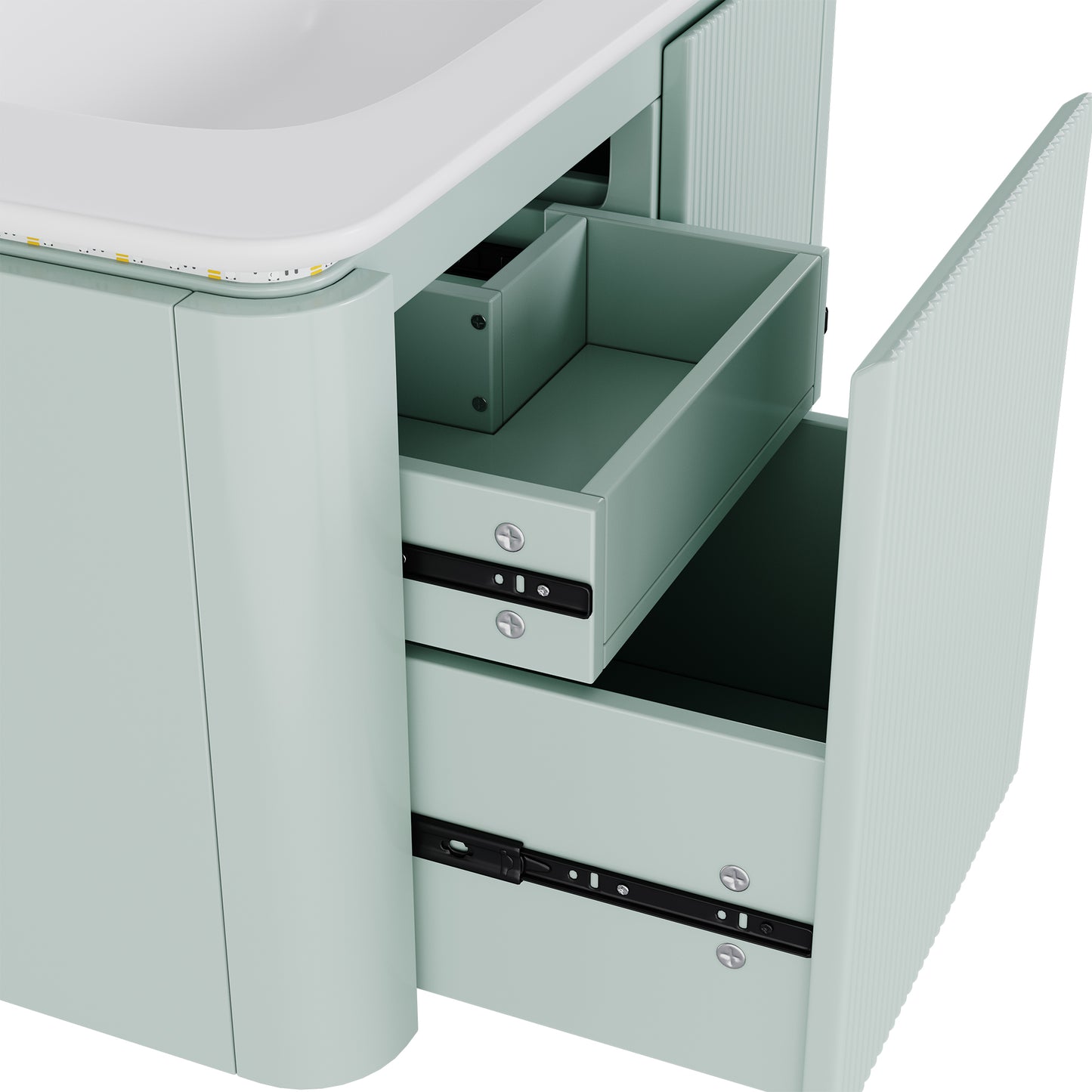 Badezimmerschrank Wandhängend 80cm Grün, 3D-Struktur & LED-Sensor, Waschtisch mit Keramikbecken, 4 leise Schubladen, Lackiert, Anti-Stoß