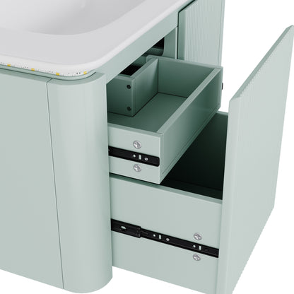 Badezimmerschrank Wandhängend 80cm Grün, 3D-Struktur & LED-Sensor, Waschtisch mit Keramikbecken, 4 leise Schubladen, Lackiert, Anti-Stoß