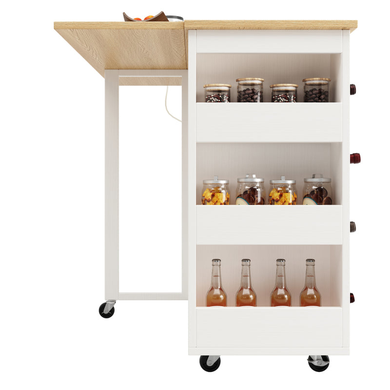 Kücheninsel, Küchenwagen mit Steckdosenleiste ausgestattet, Küchenschrank, Abnehmbare Servierwagen mit Weinregal,buffetschrank, Speisewagen mit Holzmaserung, buffetschrank, weiß
