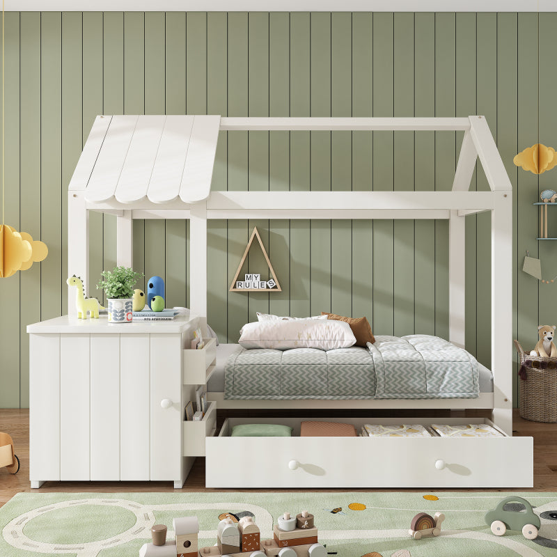 Hausbett Kinderbett 90x200 cm aus Massivholz mit Schubladen & abnehmbarem Nachttisch - Bodenbett in Weiß, ohne Matratze