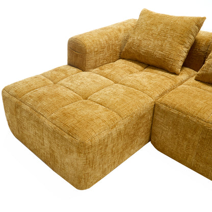 Modernes Sektionssofa, L-Sofa, 3-Sitzer-Sofa, keine Installation erforderlich, Chenille-Sofa mit Chaiselongue und Armlehnen, 3 Kissen, Seitentasche für Fernbedienung, Gelb