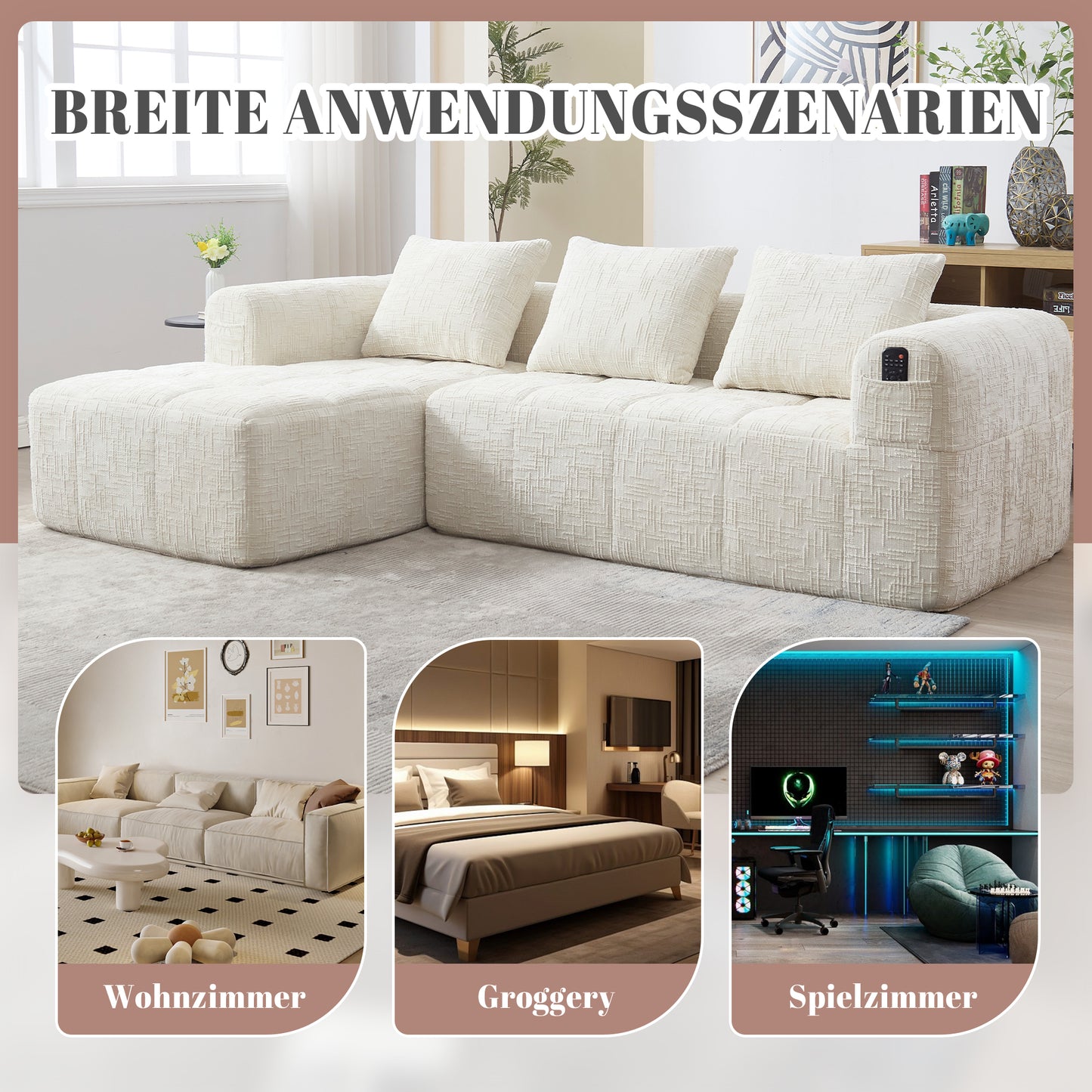 Modernes Sektionssofa, L-Sofa, 3-Sitzer-Sofa, keine Installation erforderlich, Chenille-Sofa mit Chaiselongue und Armlehnen, 3 Kissen, Seitentasche für Fernbedienung, Beige