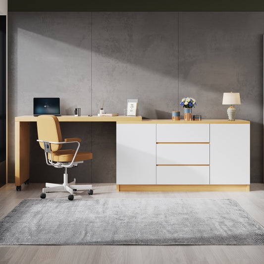 Schreibtisch mit feststellbaren Rollen – multifunktionales Design, 4 cm dickere, drehbare Tischplatte, fest arretierbar, weiß/Eiche, Faltbarer Schreibtisch, Eckschreibtisch, Sideboard,Dicke Materialie