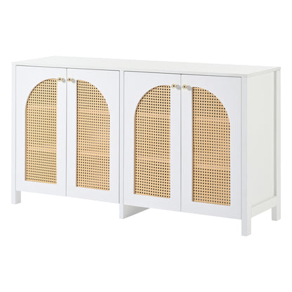 Modernes Sideboard im minimalistischen Stil 4-Rattantür, Metallgriff einfaches Buffetschrank für Esszimmer, Wohnzimmer, Küche (weiß)