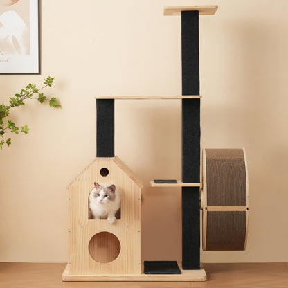 Katzenbaum aus Massivholz mit Laufrad mit 4 Plattformen, 2 Katzenhäusern, Sisalpfosten & waschbaren Kratzmatten, 80×40×152 cm
