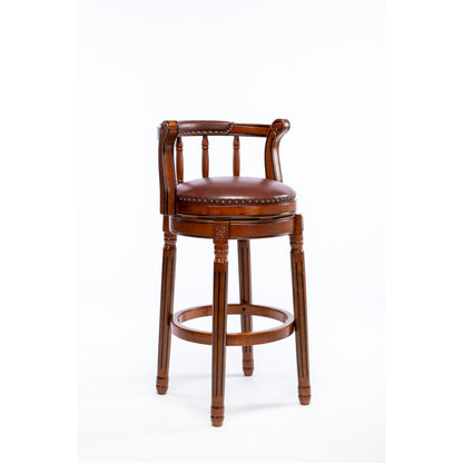 Barhocker aus Holz mit Kuhfell-Obermaterial, 360-Grad-Drehstuhl mit Rückenlehne, Brau + Sitzhöhe 65cm