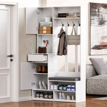 Garderoben-Set mit Sitzbank, Schubladen & Lochwand, Flurgarderobe 6-in-1, MDF, Weiß, 100x180x35 cm