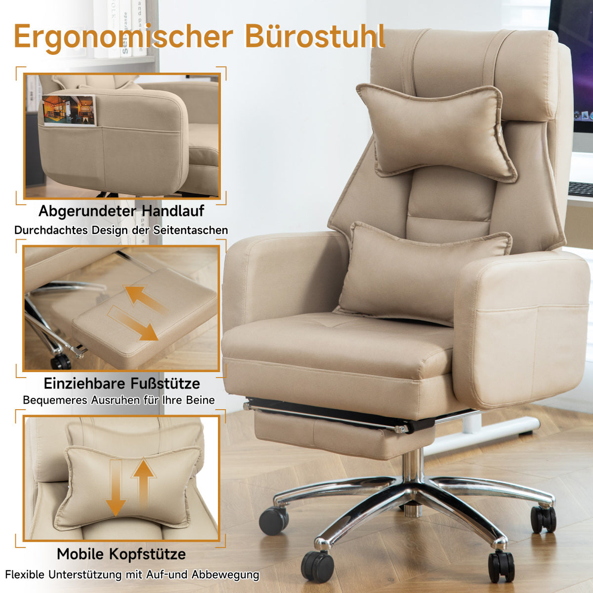 Ergonomischer Bürostuhl mit 155° Liegefunktion, Fußstütze, Tech-Leder, Beige