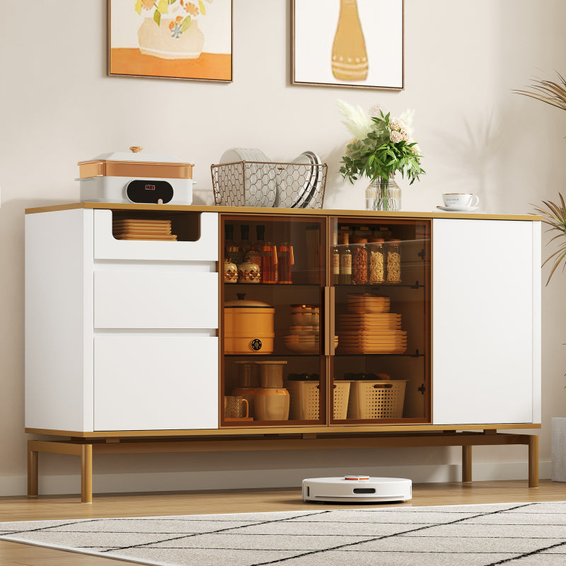 Elegantes Sideboard 150Lx40Bx80H cm, weiß, Arbeitsplatte aus Marmor, goldene Zierleiste - Moderner Stauraumschrank mit Glas- und Holzfächern