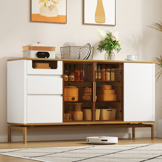 Elegantes Sideboard 150Lx40Bx80H cm, weiß, Arbeitsplatte aus Marmor, goldene Zierleiste - Moderner Stauraumschrank mit Glas- und Holzfächern