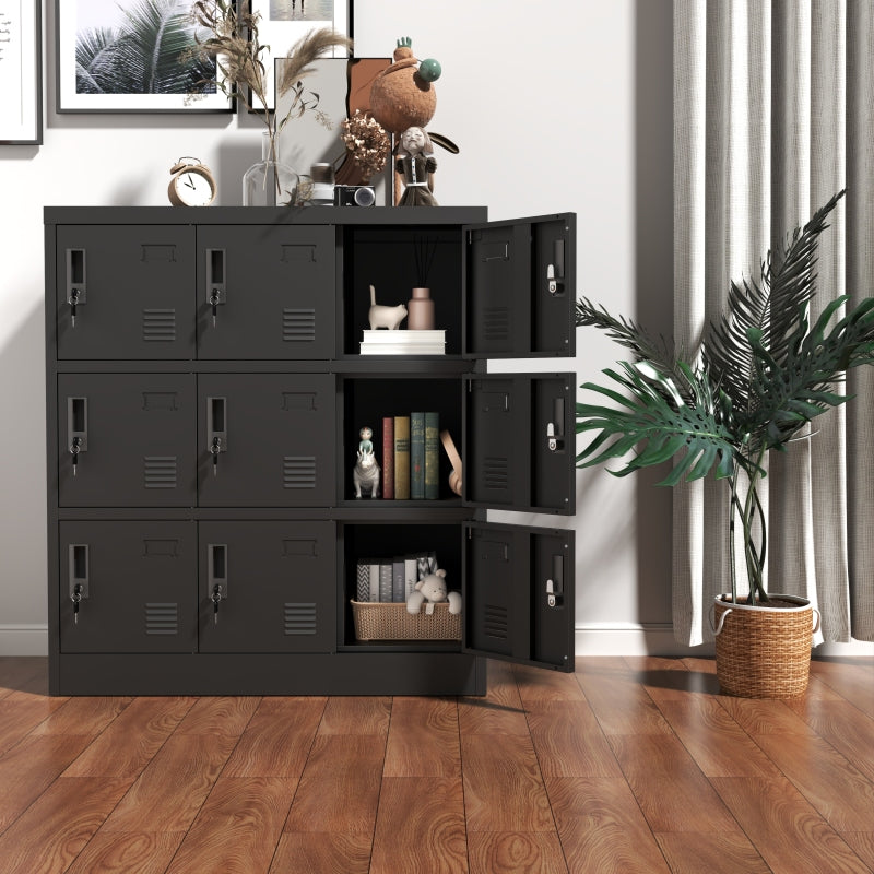 9-Türige Metall-Schränke für Büro, Fitnessstudio, Schule & Zuhause - Sicherer Aufbewahrungsschrank mit Kartenfach (Schwarz), H 100 cm × B 90 cm × T 40 cm