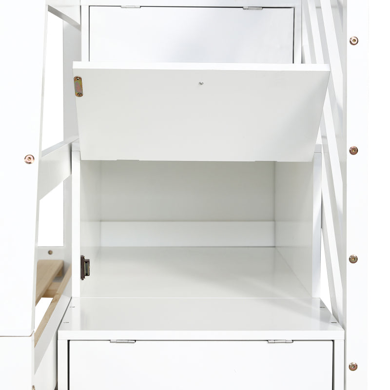 Etagenbett mit Rollbett, Kinderbett mit Leiterschrank und Handlauf, mit Fallschutzgitter an allen Seiten, Kiefer+MDF, Weiß, 90x190CM Rollbett, 90/120x200CM