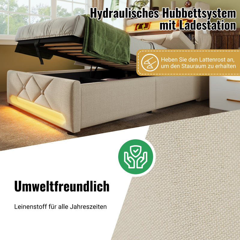 Polsterbett Einzelbett 90*200, Stauraum Kopfteil mit USB und Typ C-Port ,360-Surround-LED-Funktion rund um Kopf- und Fußende des, Betten mit Hydraulisch Stauraum, Beige , Leinen(Ohne Matratze)