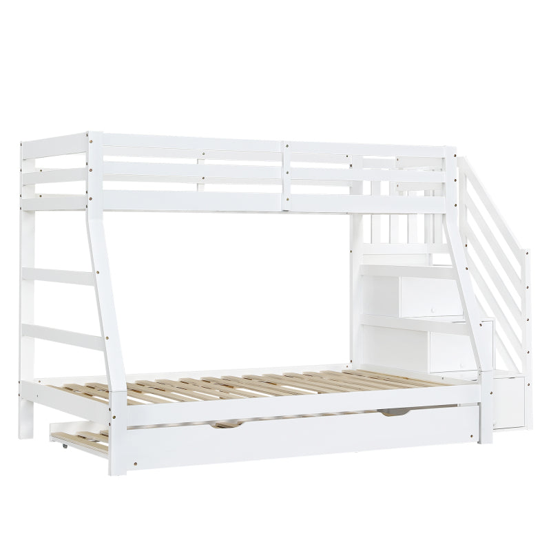 Etagenbett mit Rollbett, Kinderbett mit Leiterschrank und Handlauf, mit Fallschutzgitter an allen Seiten, Kiefer+MDF, Weiß, 90x190CM Rollbett, 90/120x200CM
