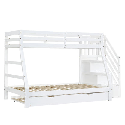 Etagenbett mit Rollbett, Kinderbett mit Leiterschrank und Handlauf, mit Fallschutzgitter an allen Seiten, Kiefer+MDF, Weiß, 90x190CM Rollbett, 90/120x200CM