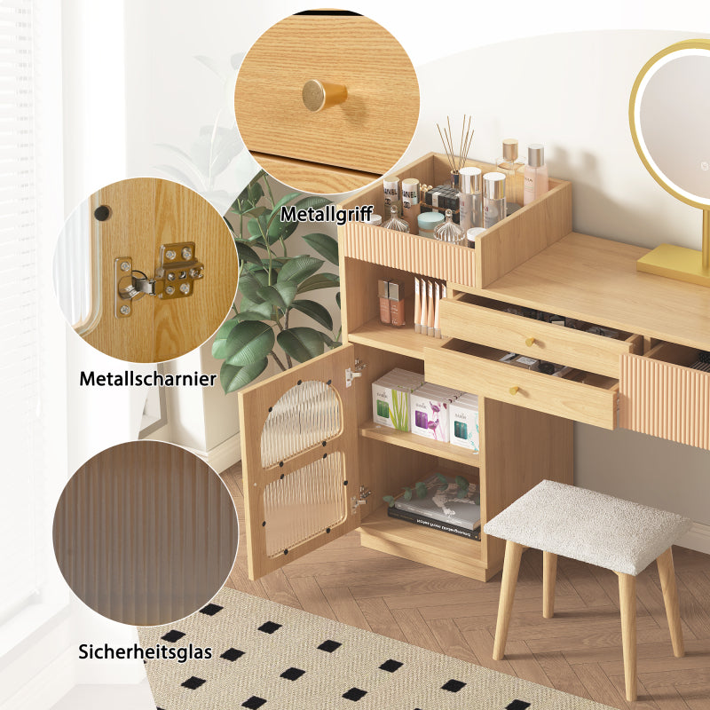 Schminktisch-Set, Kosmetiktisch mit LED-Spiegel und 3-Farbiger Beleuchtung, Schminktisch aus Holz für Schlafzimmerstudio - Maße: B120/H90/T40 cm(ohne Hocker) (Old sku: RN3198724AAA)