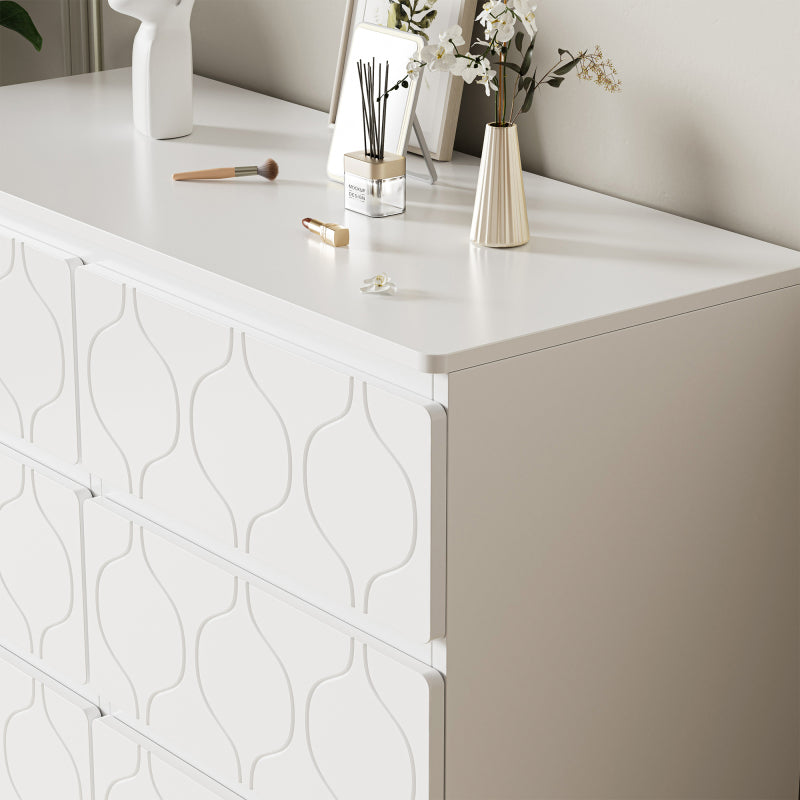 Kommode mit 6 Schubladen, Flurschrank, für Wohnzimmer, Bad und Schlafzimmer, Wellenmuster, lackiert, stoßfestes Eckdesign, 6 Fächer, 110 B x 40 T x 72 H, weiß