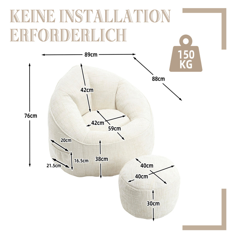 Sitzsack Sofa Stuhl für Erwachsene mit Fußstütze, Beige