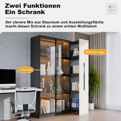 Multifunktionsschrank 110,5x35x160 cm, Schwarz-Weiß: Moderne Vitrine mit Glastür, LED, Seitenauszug, Rollschrank, ideal für Bücher, Bad, Esszimmer.
