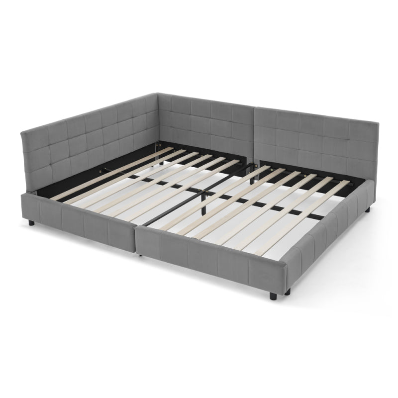Doppelbett 160x200 cm weiches hautfreundliches Samt, L-förmiges Eck Bettgestell, robuste Eukalyptus- und Eisenlatten, Dark Gray (ohne Matratze)