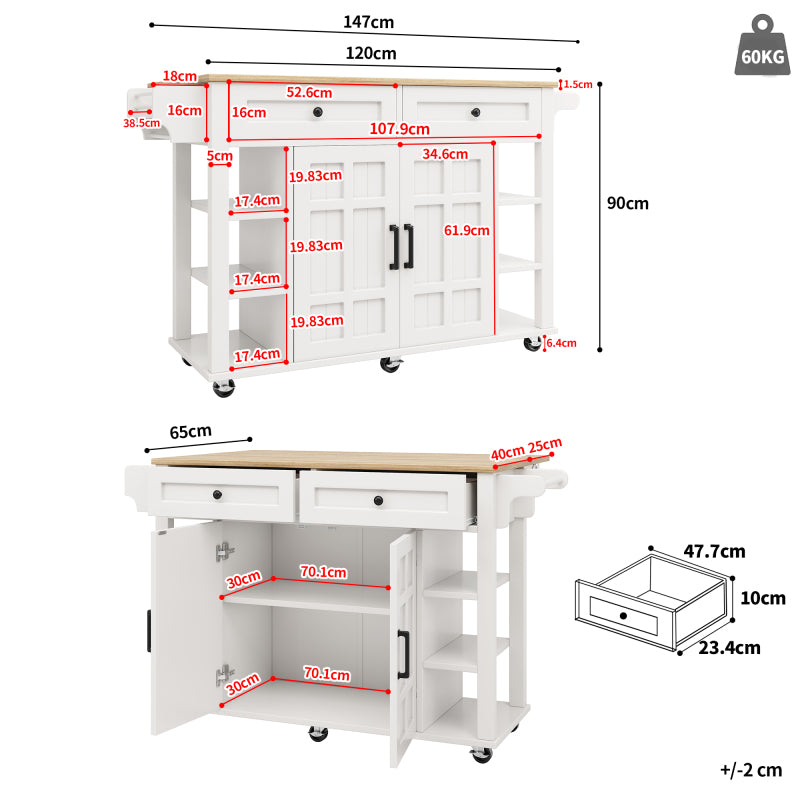 Kücheninsel mit herausnehmbaren Trennwänden, Speisewagen mit Arbeitsplatte, Buffetschrank, Speisewagen mit Holzmaserung, Handtuchhalter beidseitig mit Rollen, weiß