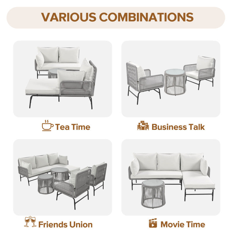 Gartenlounge-Set, Gartenmöbel-Set, Mit Eisenrahmen und grauem Seil, Gartenmöbel aus gewebtem Seil für den Außenbereich, Grau, Zwei Sessel, zwei 2-Sitzer-Sofas und zwei Tische (alle Kissen inklusive)