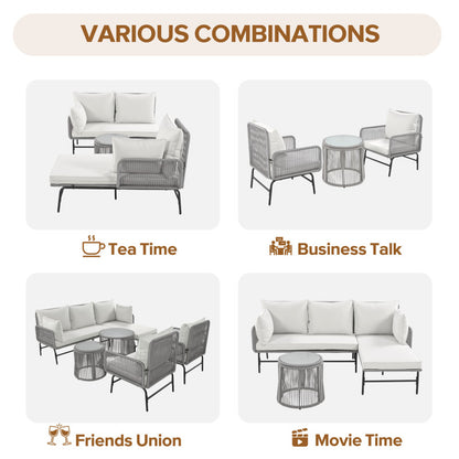 Gartenlounge-Set, Gartenmöbel-Set, Mit Eisenrahmen und grauem Seil, Gartenmöbel aus gewebtem Seil für den Außenbereich, Grau, Zwei Sessel, zwei 2-Sitzer-Sofas und zwei Tische (alle Kissen inklusive)