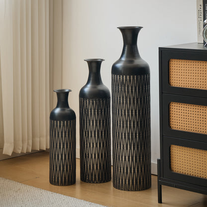 3er Set Bodenvase Metall, Schwarz, Rillen-Design, Hohe Übertöpfe 83/66/50 cm