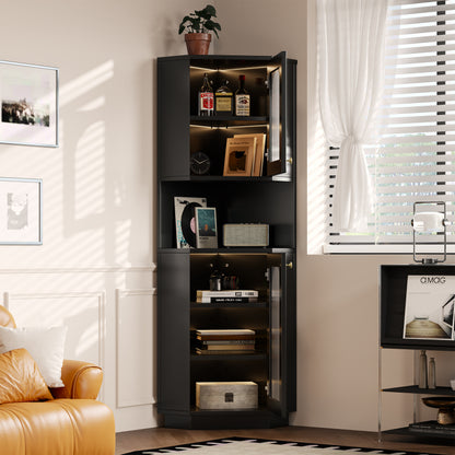 Badschrank mit Lichtleiste, Badmöbel, Eckschrank mit zwei Ablagefächern, offenes Fach mit verstellbaren Einlegeböden, 45x 45 x 166,5 cm, schwarz