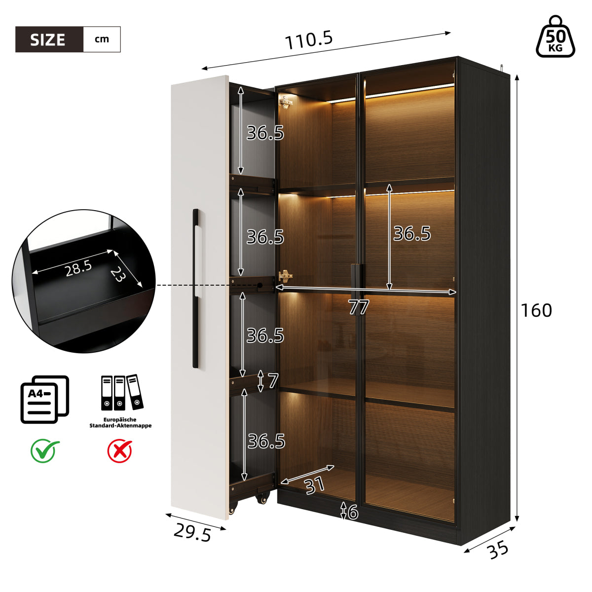 Multifunktionsschrank 110,5x35x160cm Vitrine mit LED-Beleuchtung, Seitenauszug & Glastür – Moderner Hochschrank in Schwarz-Weiß