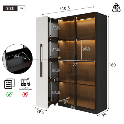 Multifunktionsschrank 110,5x35x160cm Vitrine mit LED-Beleuchtung, Seitenauszug & Glastür – Moderner Hochschrank in Schwarz-Weiß
