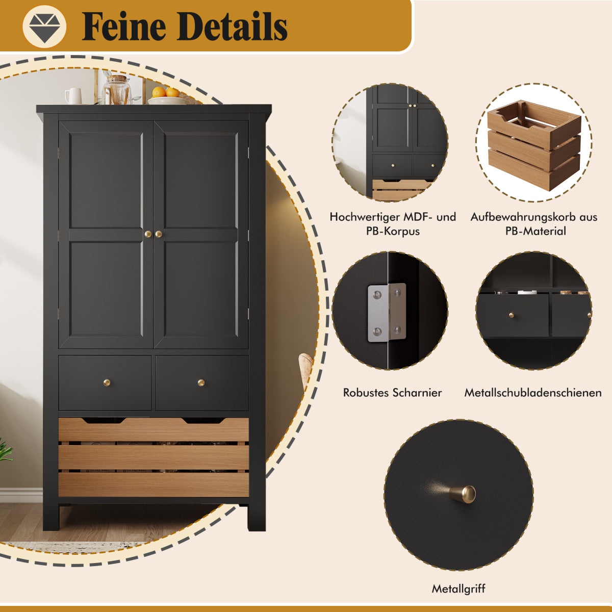 Küchenschrank 140cm hoch, Buffet-Schrank mit 2 Türen & 5 Schubladen, Mehrzweckschrank Schwarz, Sideboard Vorratsschrank mit Kippschutz, 80x40cm