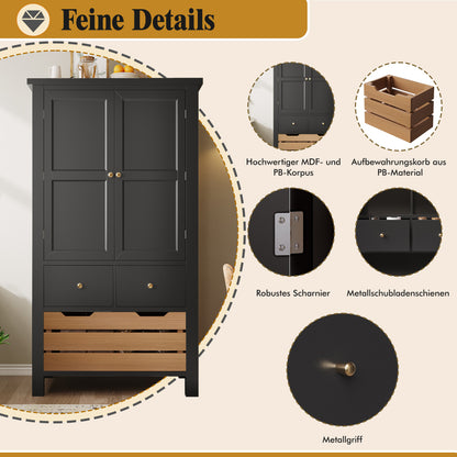 Küchenschrank 140cm hoch, Buffet-Schrank mit 2 Türen & 5 Schubladen, Mehrzweckschrank Schwarz, Sideboard Vorratsschrank mit Kippschutz, 80x40cm
