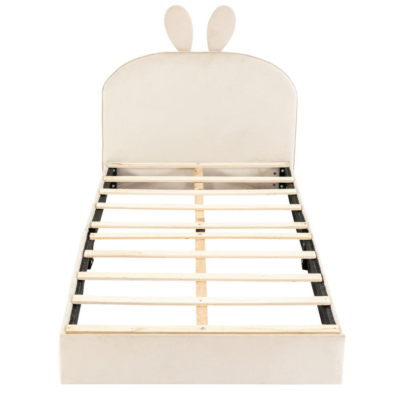 Kaninchen Kopfteil Polsterbett, Kinderbett mit Holzlatten, Einzelbett, Samt, Beige, 90x200cm