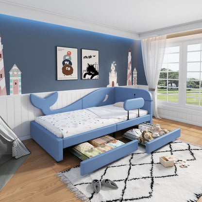 Kinder-Spleißbett, Polsterbett, Tagesbett, Walförmiges Design, Schlafsofa mit Metallbettgestell, 2 Schubladen auf Rollen, PU+MDF+Sperrholz, Blau, 90x200cm