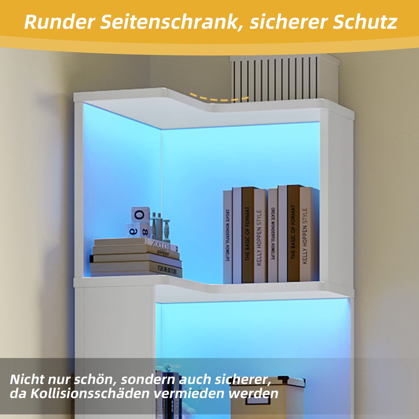 Eck Bücherregal,  L-förmiges Bücherregal, LED-Farbwechsel-Lichtleiste, Fernbedienung/App-Steuerung, weiß