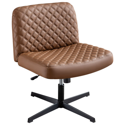 Bürostuhl Ohne Armlehnen,Home Office Stuhl Keine Räder,Heavy Duty Metallbasis,120°Schaukelnder breiter Sitz Ergonomischer Stuhl, Dicken gepolsterte Dreh Eitelkeit Stuhl für Heim und Büro Brown+PU+Metal
