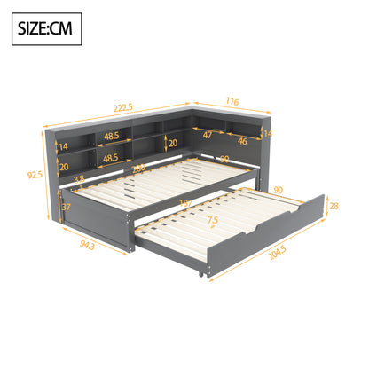 Multifunktions-Schlafsofa 90x200 & 90x190 Ausziehbar - Massivholz Grau mit USB-Anschluss, Stauraum & Ablagefächern - Praktisches Einzelbett, Grau